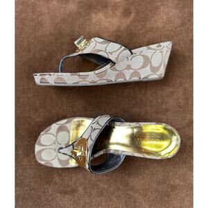 Coach Signature Canvas Print Wedge Sandals Gold/Brown Size 5.5